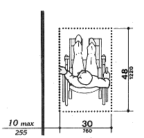Top view of the 30 by 48 inch clear floor space for a
wheelchair, shown
a maximum of 10 inches from the wall along side it, on which an element, such as a light switch,
might be located