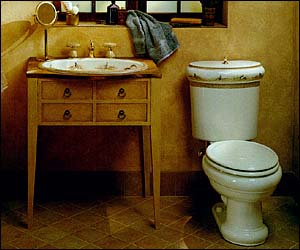 Pheasant Design on Vintage Countertop Lavatory and Revival Two-Piece Toilet